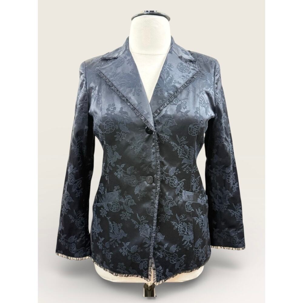 Doncaster Collection Black Damask Satin Jacket with Ruffle Trim, Size 12